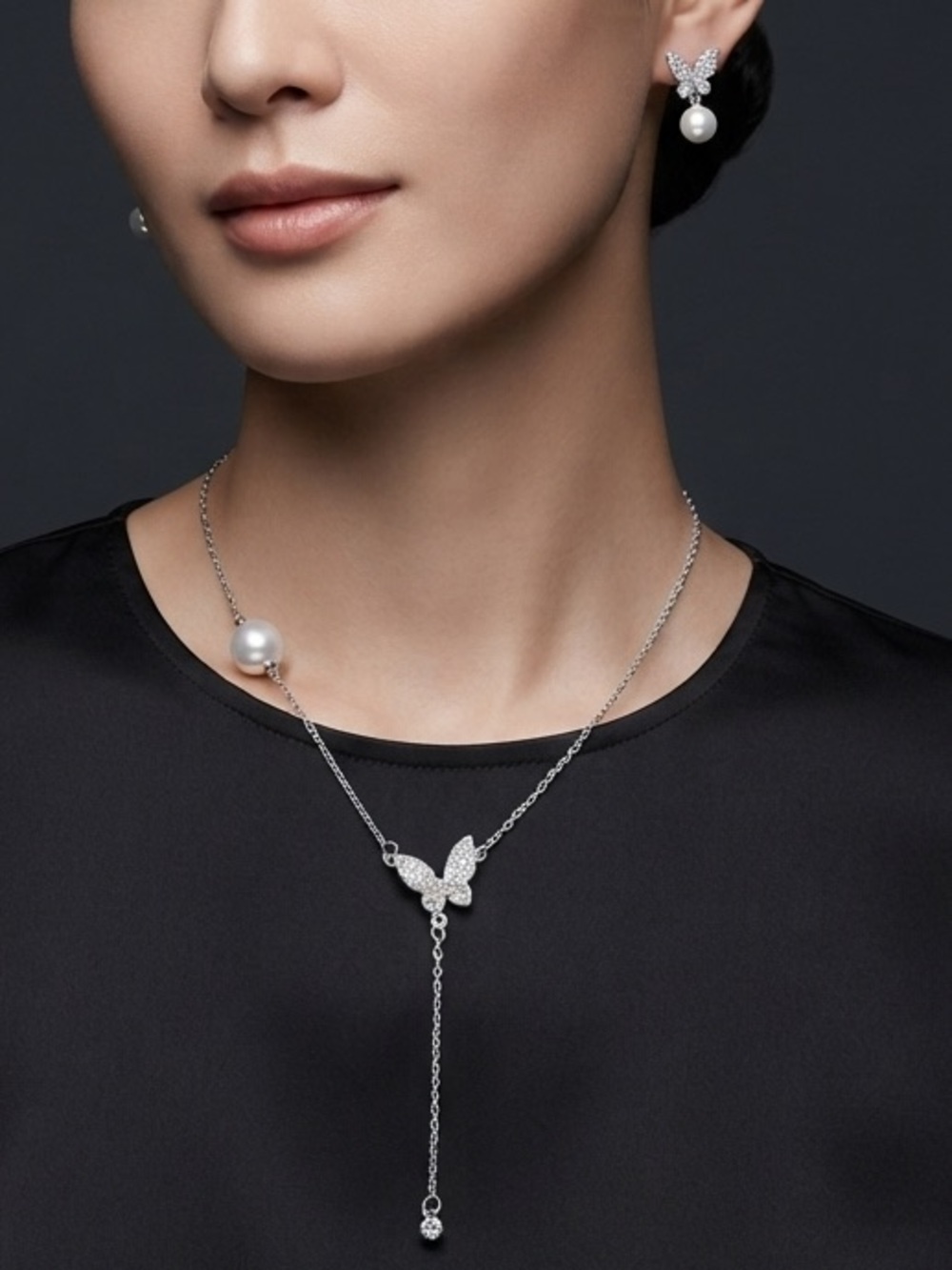 Silver Butterfly Pearl Necklace & Earring fashion Jewelry Set- 2 piece NWT